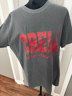 Christmas Crew Graphic Tee - Gray with Red Print comfort colors